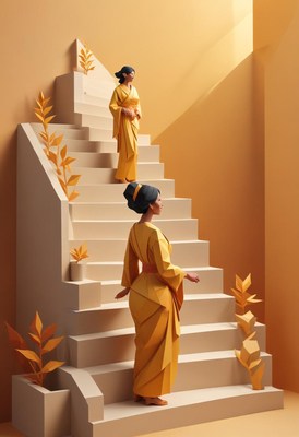 Women ascending staircase in yellow robes