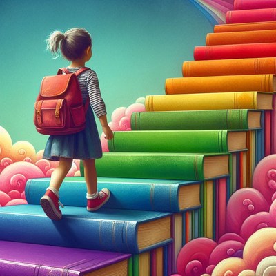 Girl walking up book stairs