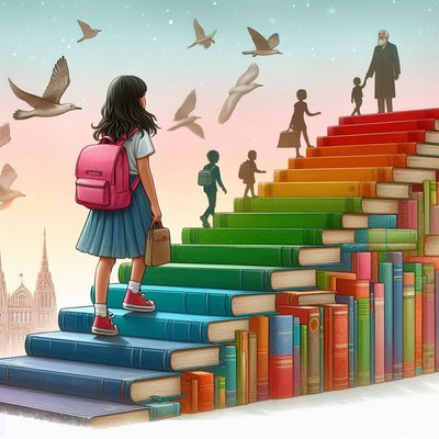 Girl ascending book stairs