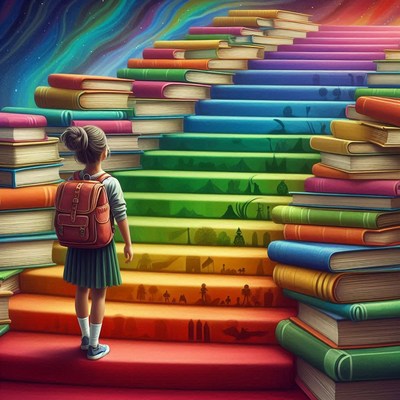 Girl ascending book stairs