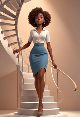 Woman walking down white stairs