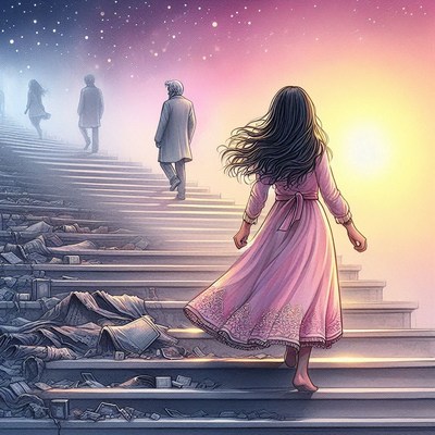 Woman ascending stairway to sunset