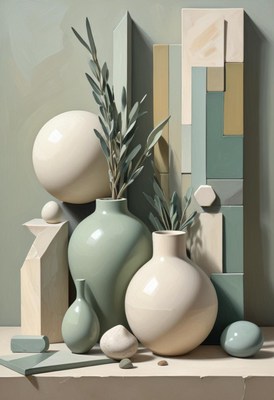Still life with vases and greenery