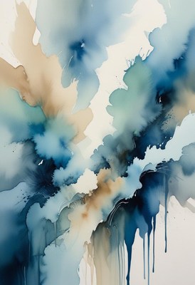 Abstract watercolor painting in blue and beige