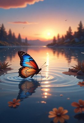 Butterfly on sunset lake