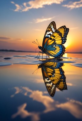 Butterfly on water at sunset