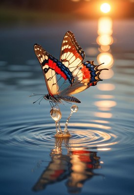 Butterfly landing on water droplets at sunset