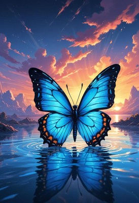 Blue butterfly on lake at sunset