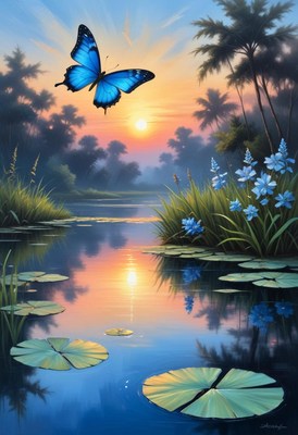 Blue butterfly sunset over pond