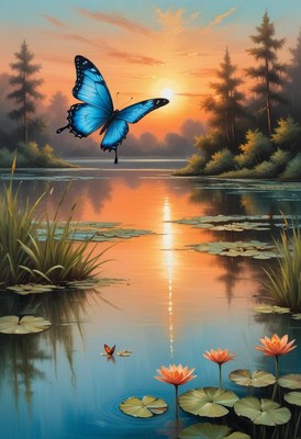 Blue butterfly sunset over lake