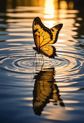 Butterfly on water at sunset