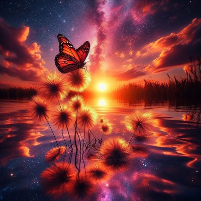 Butterfly sunset over water