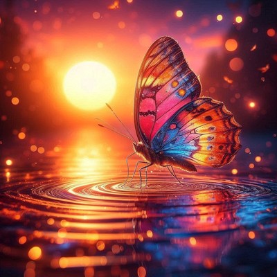 Butterfly at sunset on water