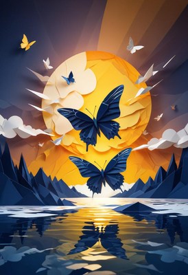 Paper butterflies at sunset