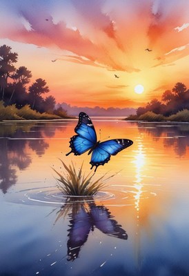 Blue butterfly at sunset