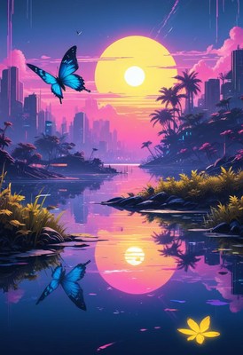 Butterfly sunset over cityscape