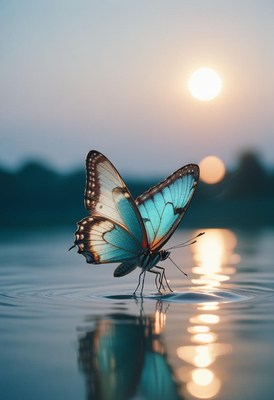 Butterfly landing on water at sunset