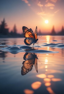 Butterfly on water at sunset