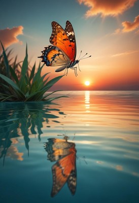 Butterfly taking flight at sunset