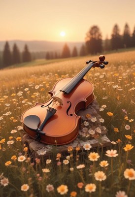 Violin in field at sunset