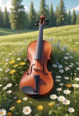 Violin in a field of daisies