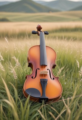 Violin in grassy field