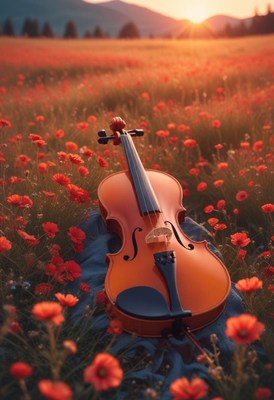 Violin in a poppy field at sunset