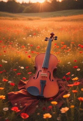 Violin in field of flowers at sunset