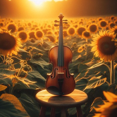 Violin in a sunflower field at sunset