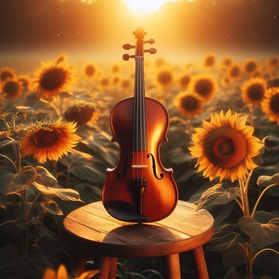 Violin in a sunflower field at sunset