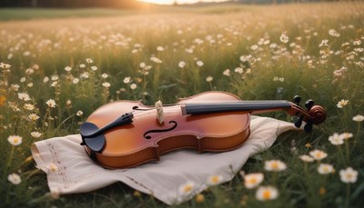 Violin in a field of daisies
