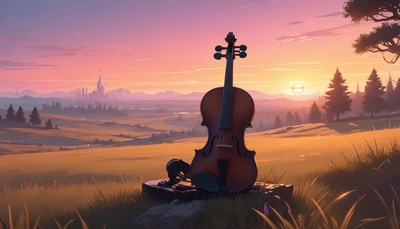 Violin at sunset over city