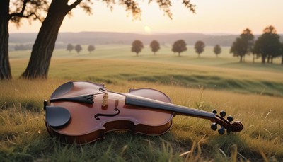 Violin resting in a field