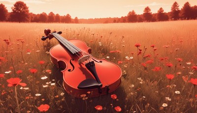 Violin in a field of flowers