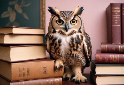 Owl perched on books