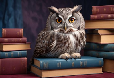 Owl perched on books