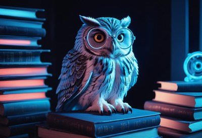 Owl figurine on bookshelf