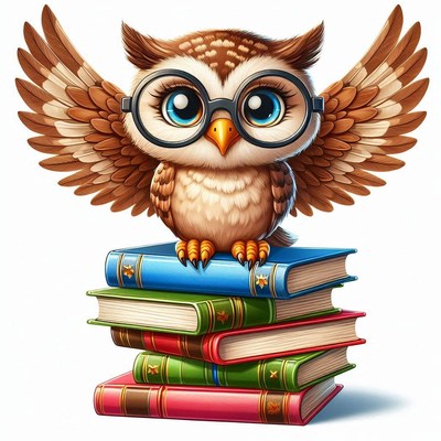 Owl perched on stack of books