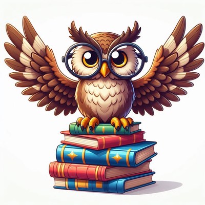 Owl with books and glasses