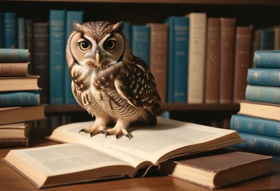 Owl perched on book in library