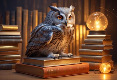 Owl perched on books