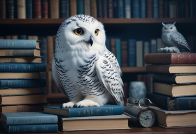 Snowy owl perched on books