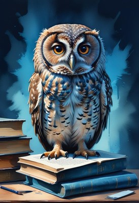 Owl perched on books