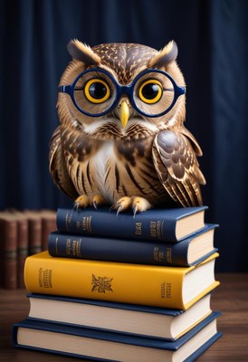 Owl wearing glasses on stack of books