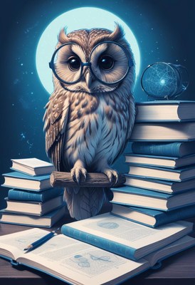 Owl reading under moonlight