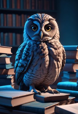 Owl perched on books in library