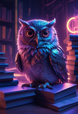 Owl reading in a library