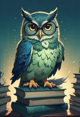 Owl perched on books