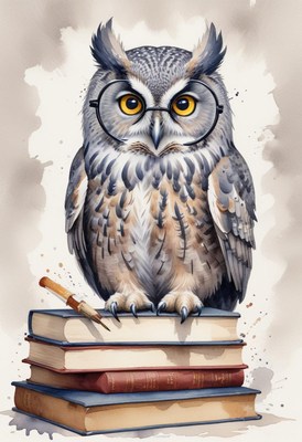 Owl with glasses on a stack of books