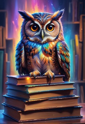 Owl perched on books